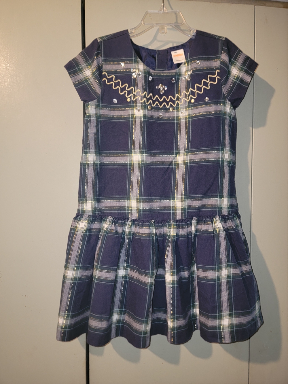 Gymboree Navy Plaid Short Sleeve Dress with Embellished Yoke